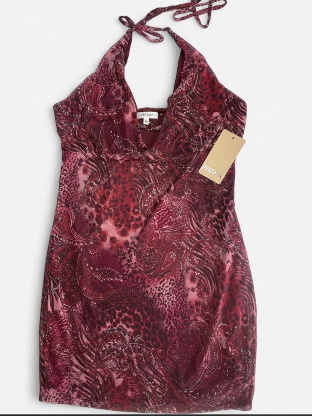 Persaya Burgundy Paisley Halter Mini Dress - Size L - NWT - Y2K Animal Print